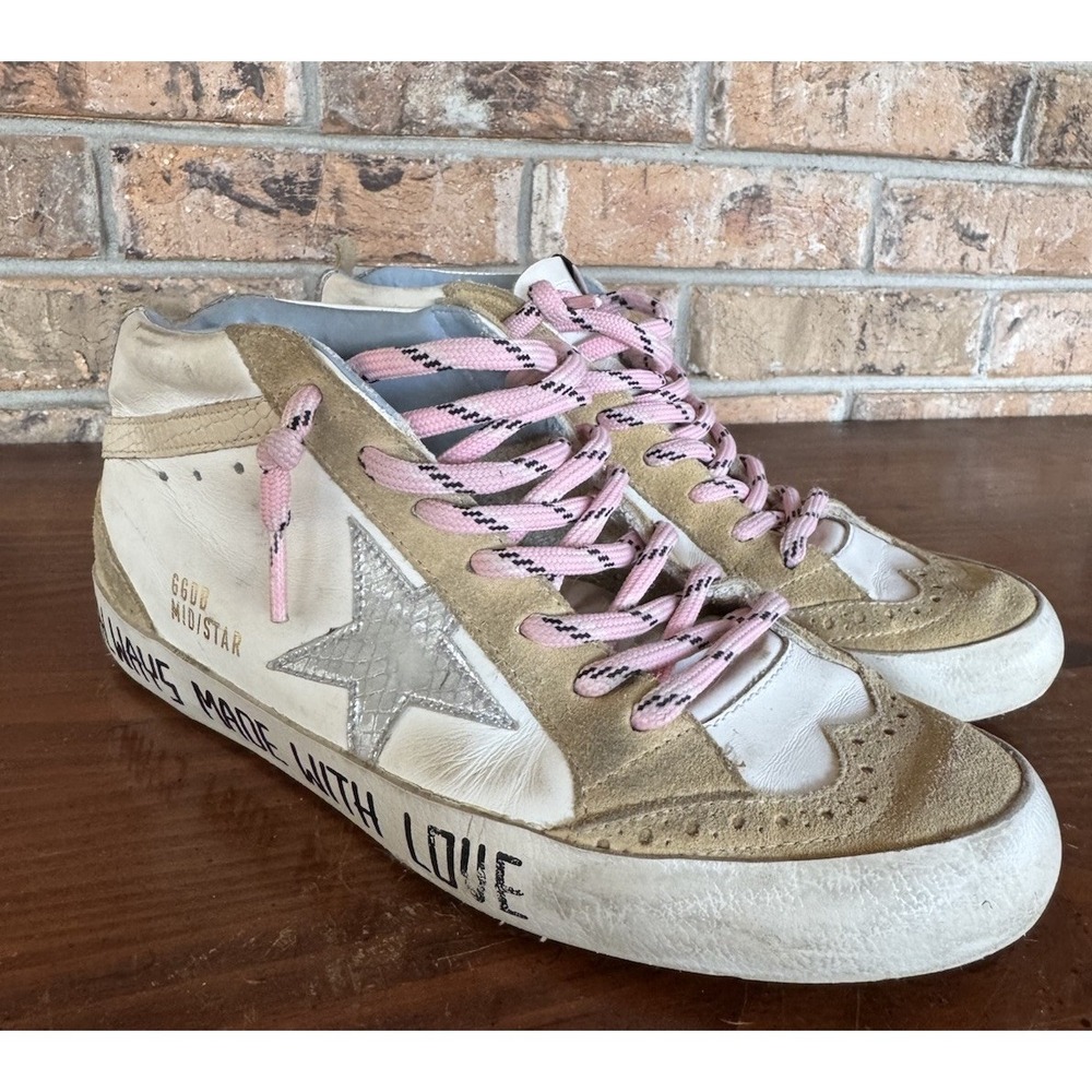 Golden Goose Mid Star High Top Sneakers Gold Glitter Pink Laces Suede Star 38
